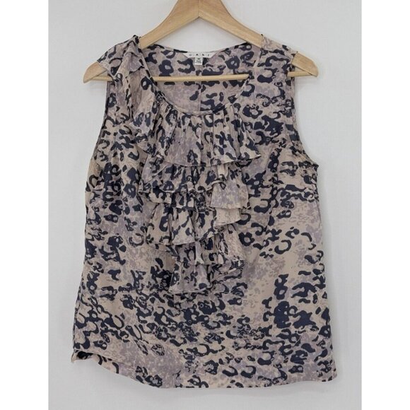 CAbi Animal Print Cascading Ruffle 100% Silk Popover Blouse Size‎ M Preppy, FLAW - Picture 1 of 11